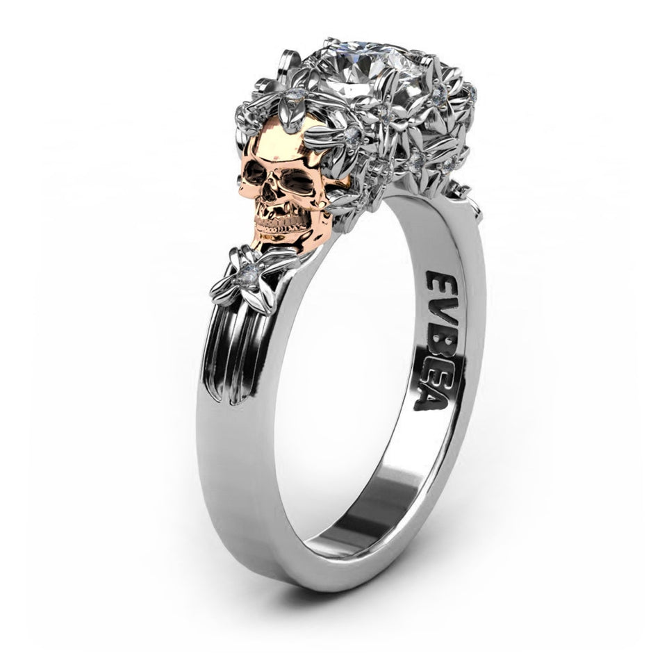 Unique Engagement Skull Ring - Unique Rose Gold Big Zircon Diamond - aleph-zero