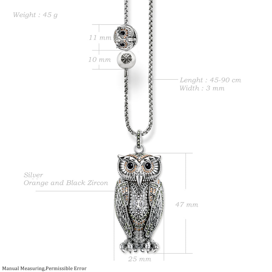 Big Owl and Small Owl Blackened Silver Necklace, 925 Sterling Silver with Zircon - aleph-zero