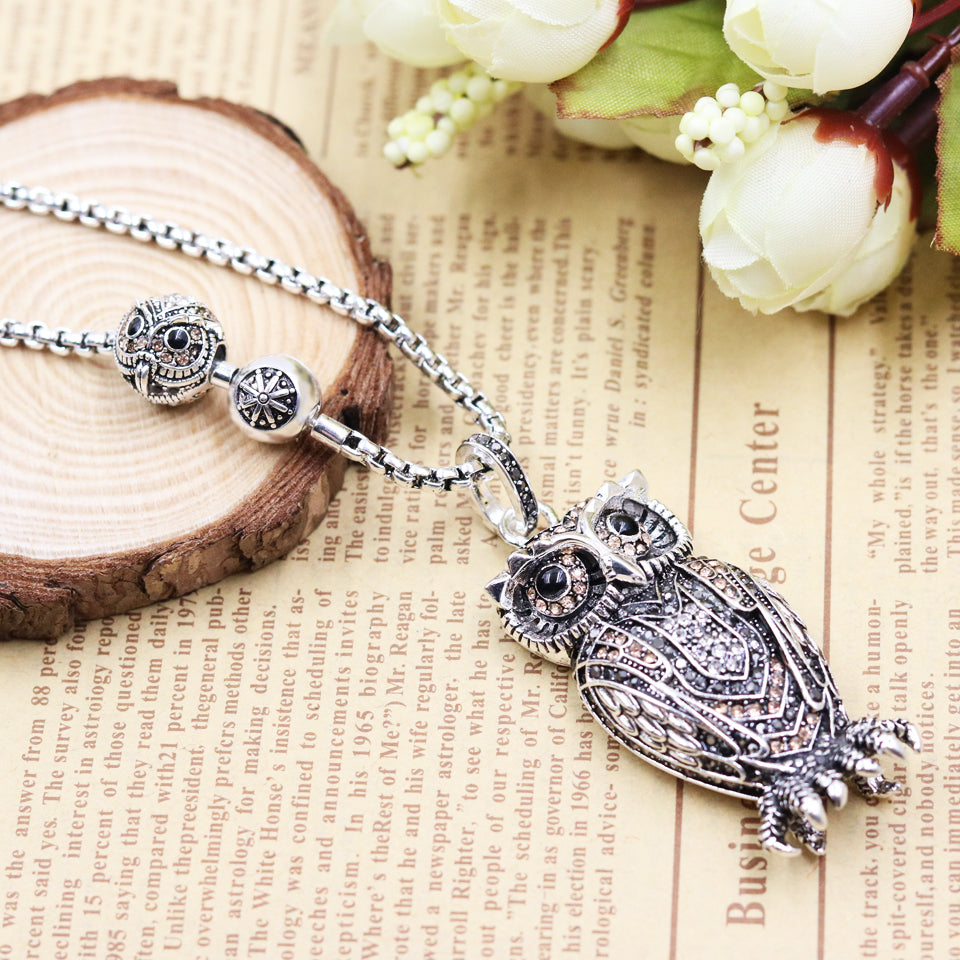 Big Owl and Small Owl Blackened Silver Necklace, 925 Sterling Silver with Zircon - aleph-zero