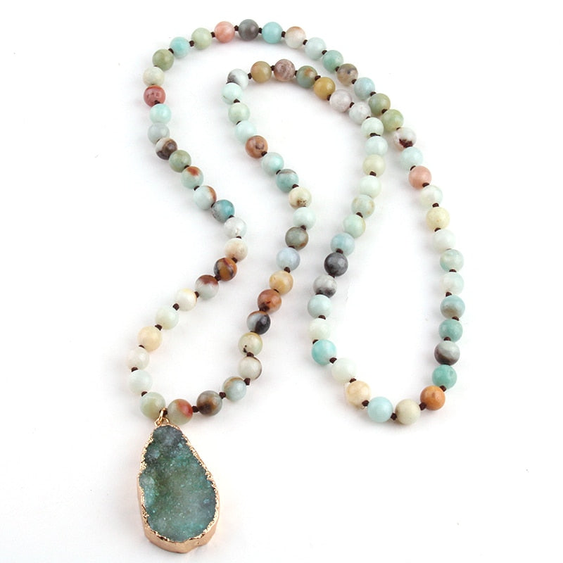 Bohemian long Knotted Amazonite Natural Druzy Drop  Necklace
