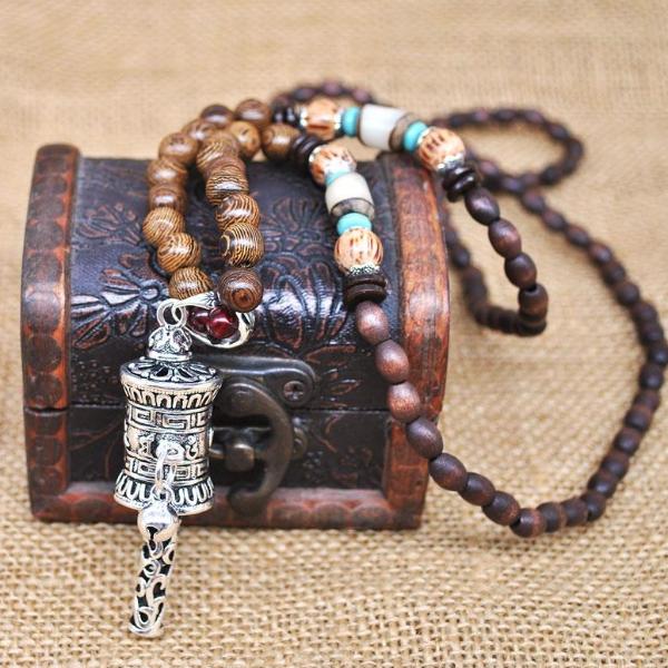 Handmade Wood Beads Bohemian Mala Pendant Necklace