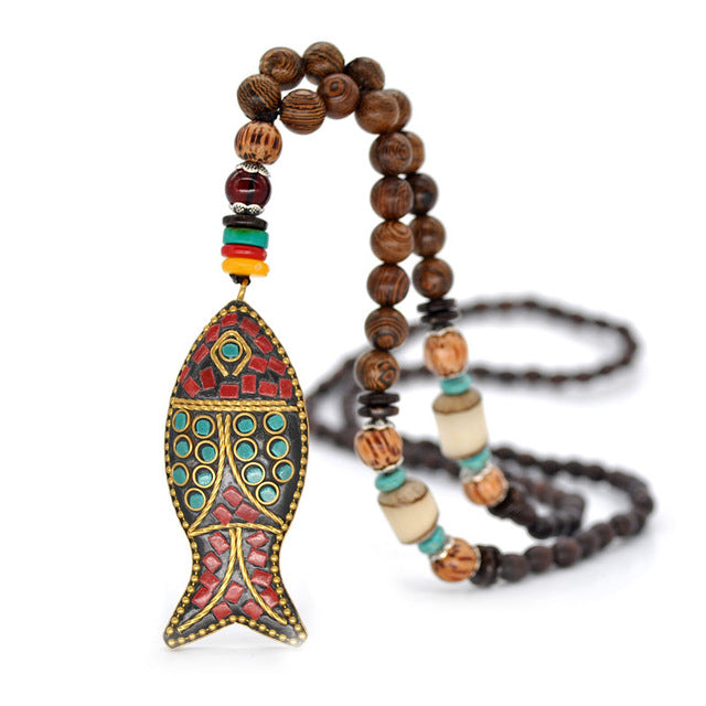 Handmade Wood Beads Bohemian Mala Pendant Necklace