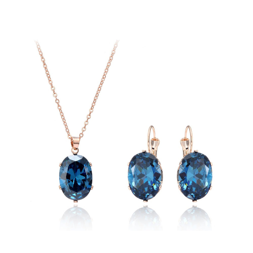 CZ Zircon Blue Stone Pendant Choker Necklace + Earrings - aleph-zero
