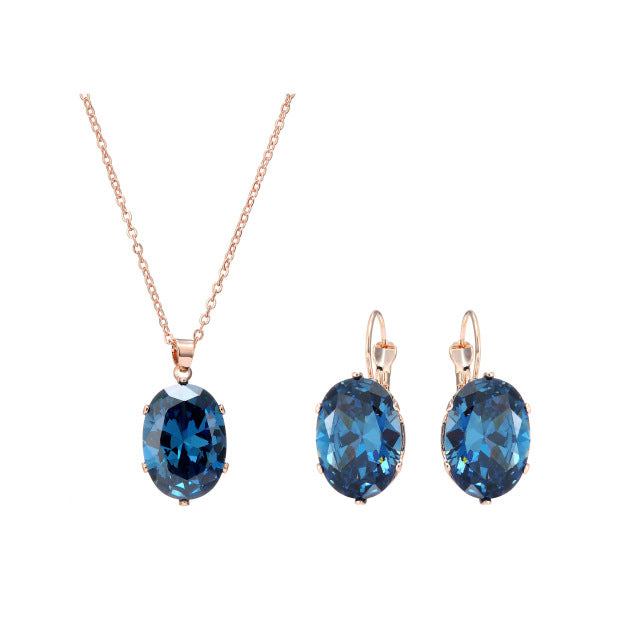 CZ Zircon Blue Stone Pendant Choker Necklace + Earrings - aleph-zero