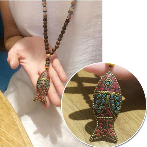 Handmade Wood Beads Bohemian Mala Pendant Necklace