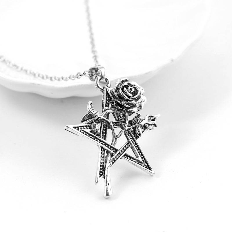 Black rose pentagram pendant necklace