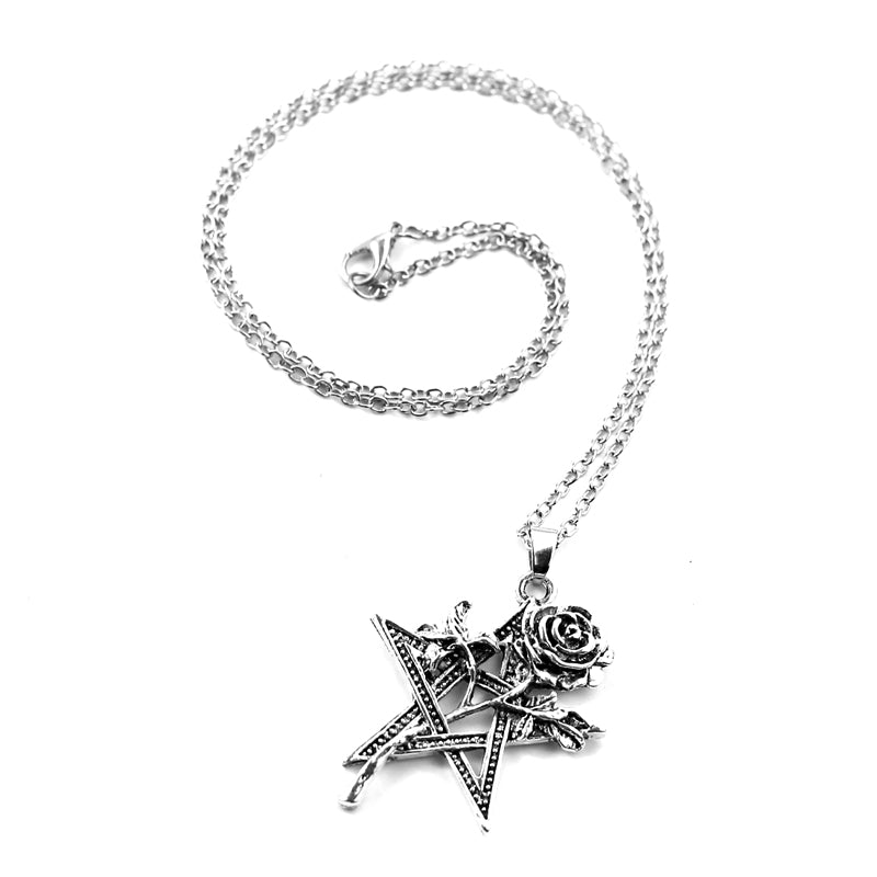 Black rose pentagram pendant necklace