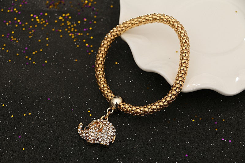 Vintage Gold Plated Multilayer Bangles Charms Elastic Crystal Elephant Pendant - aleph-zero