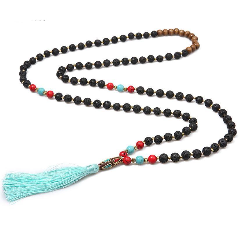 Boho Handmade Lava Stone/ Turquoise Long Mala Necklace
