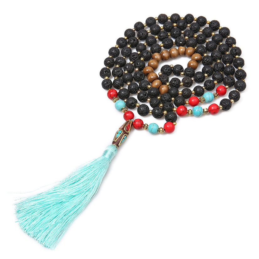 Boho Handmade Lava Stone/ Turquoise Long Mala Necklace