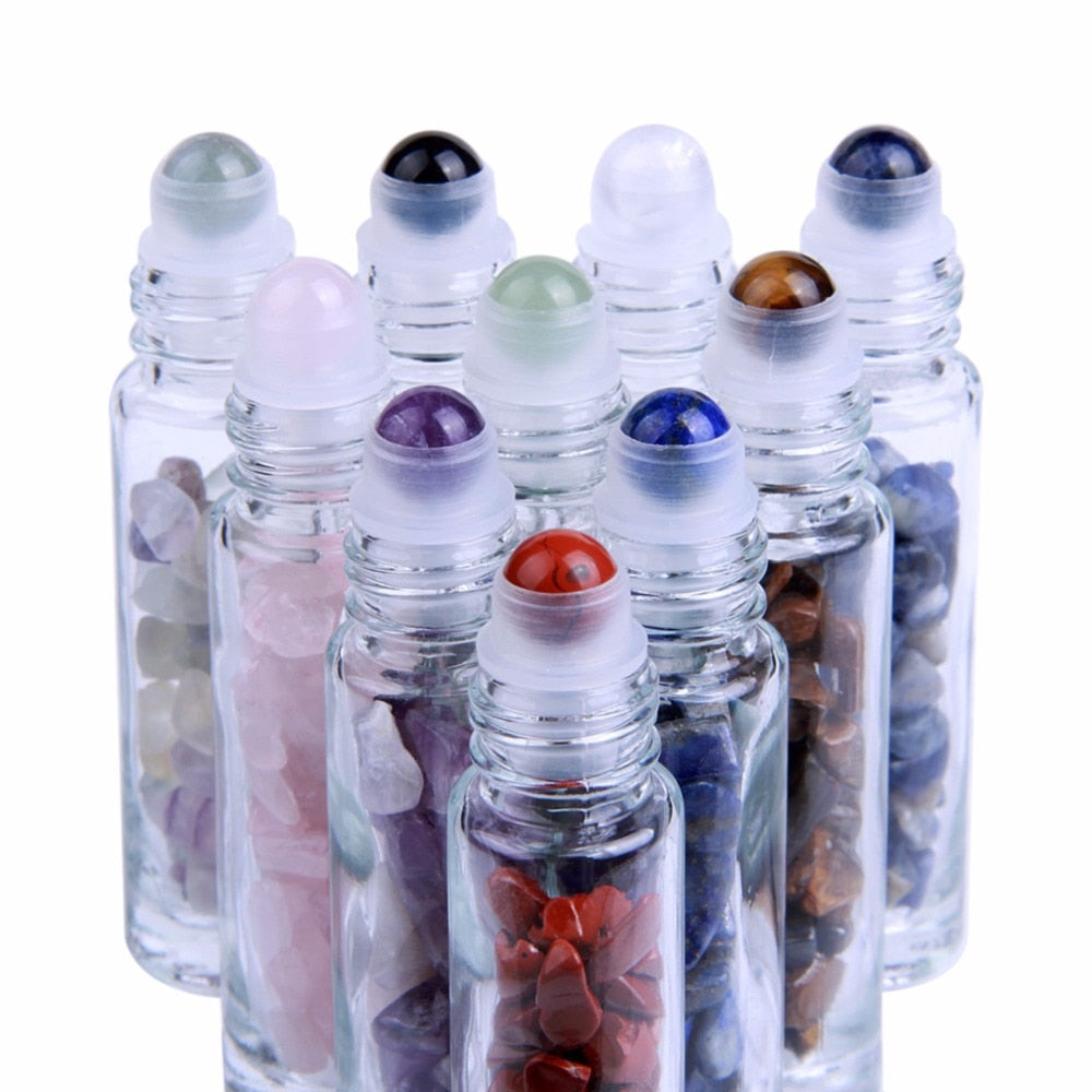 10pcs Natural Gemstone Essential Oil Roller Ball Bottles, Transparent Glass 10ml Healing Crystal Chips Inside
