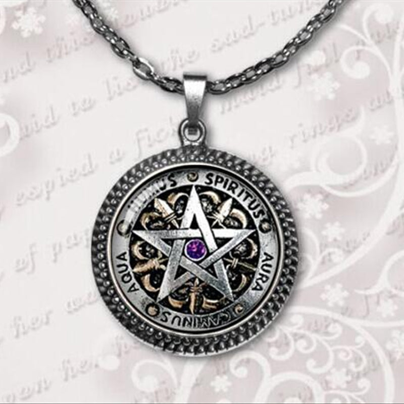 Wiccan magick Pentagram Glass Dome Necklace