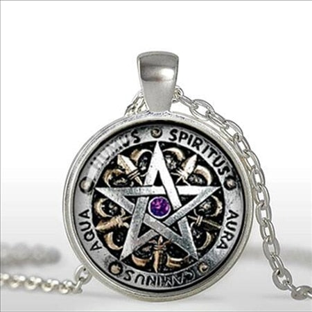 Wiccan magick Pentagram Glass Dome Necklace