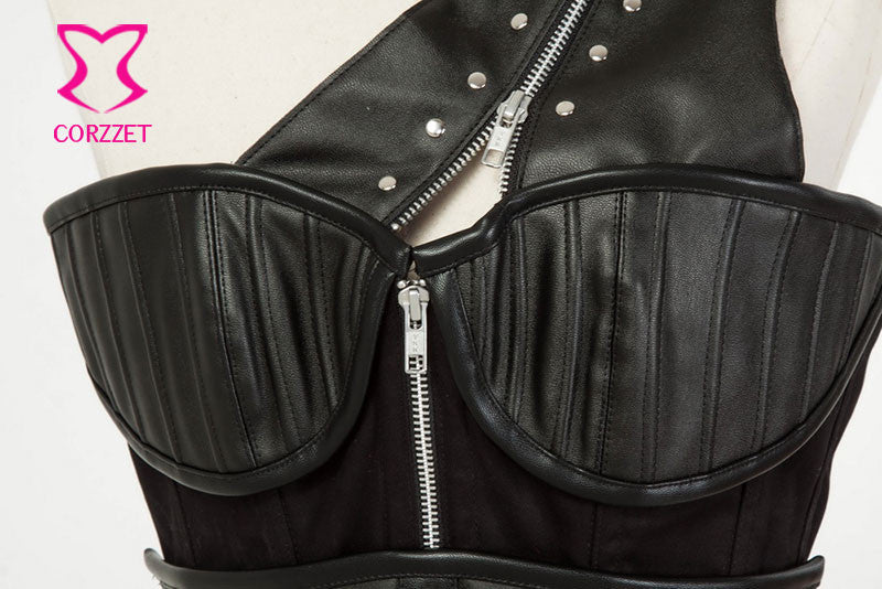Gothic Black Leather Corset Steampunk Bustier With Shoulder Bolero - aleph-zero