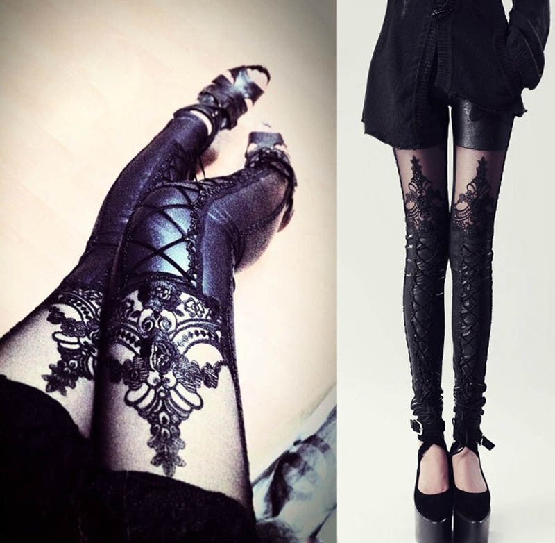 Gothic Leather Lace Patchwork Leggings - aleph-zero