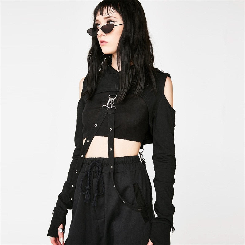 Black Shoulder Hooded Gothic Long Sleeve Crop Top