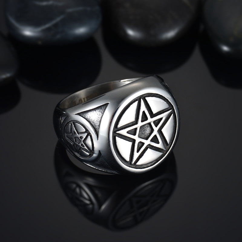 Pentagram Circle Mens Silver 316L Stainless Steel Ring