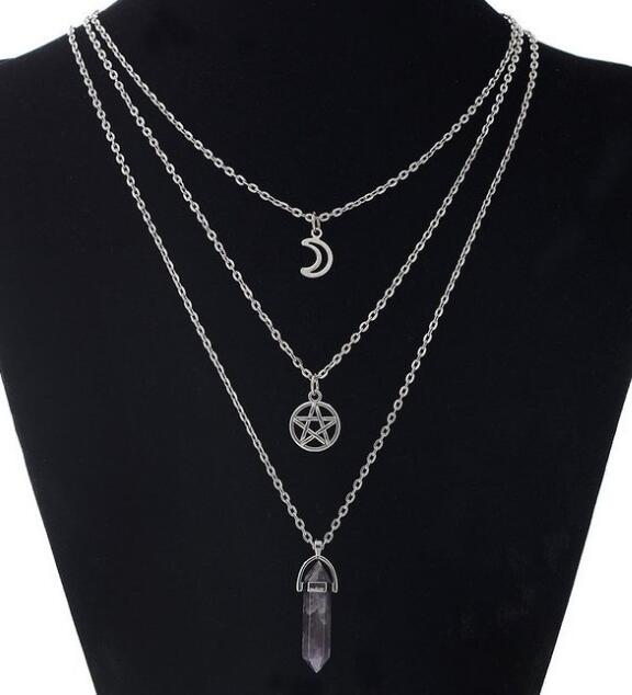 Crescent Pentagram Natural Crystal Necklace