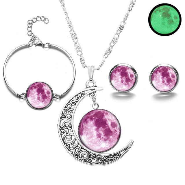 Crescent moon Glow-in-the-dark Set (Necklace, Earring, Bracelet )