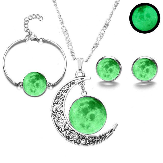 Crescent moon Glow-in-the-dark Set (Necklace, Earring, Bracelet )
