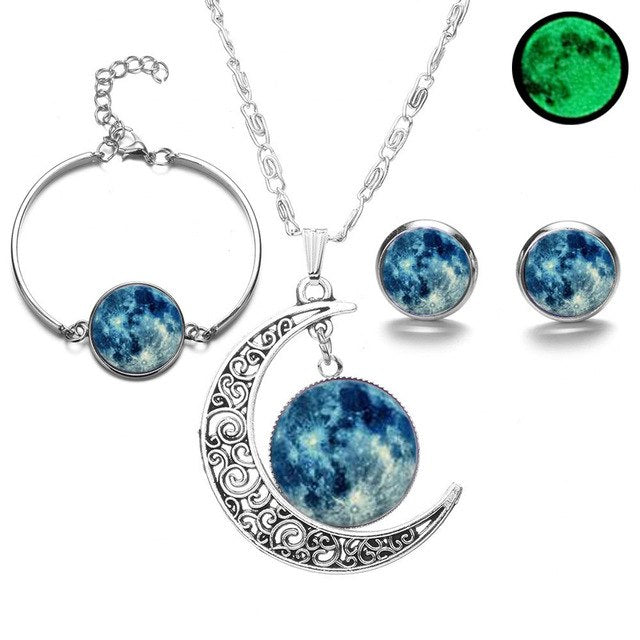 Crescent moon Glow-in-the-dark Set (Necklace, Earring, Bracelet )