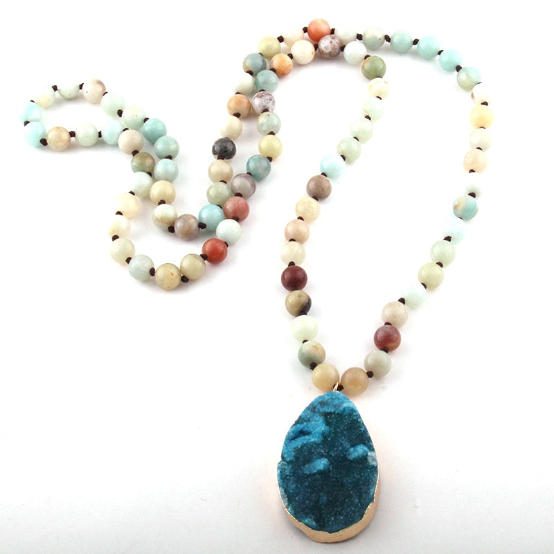 Bohemian long Knotted Amazonite Natural Druzy Drop  Necklace