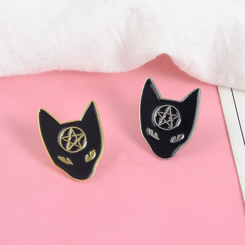 Black Pentagram Cat Wicca brooches