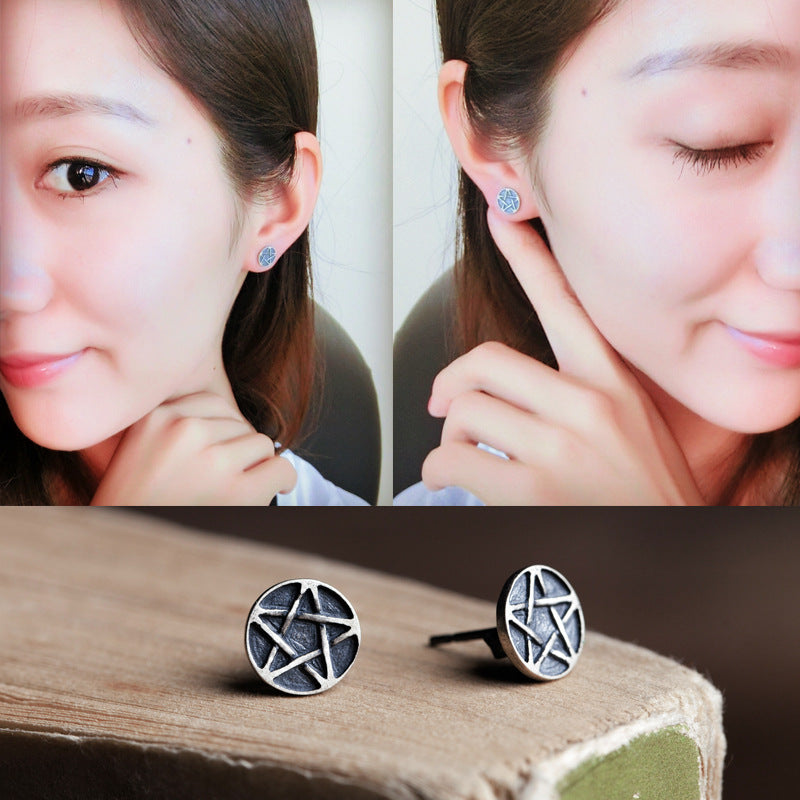 Five Pointed Pentacle Pentagram Silver Stud Earrings