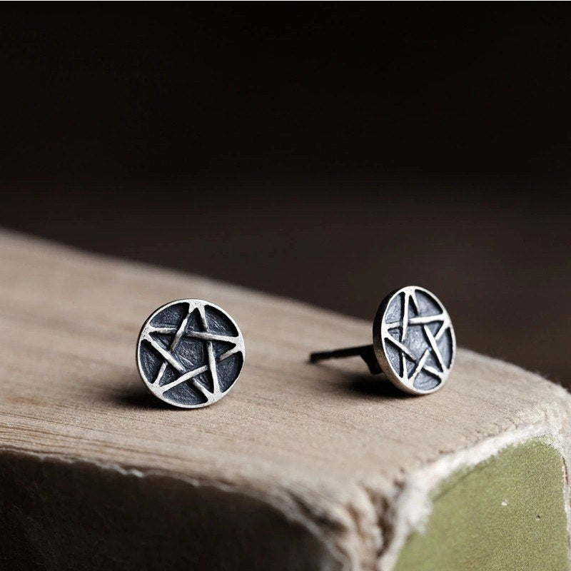 Five Pointed Pentacle Pentagram Silver Stud Earrings