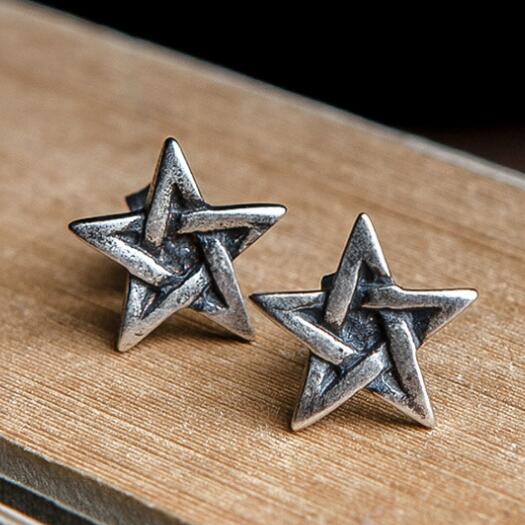 Five Pointed Pentagram Silver Stud Earrings